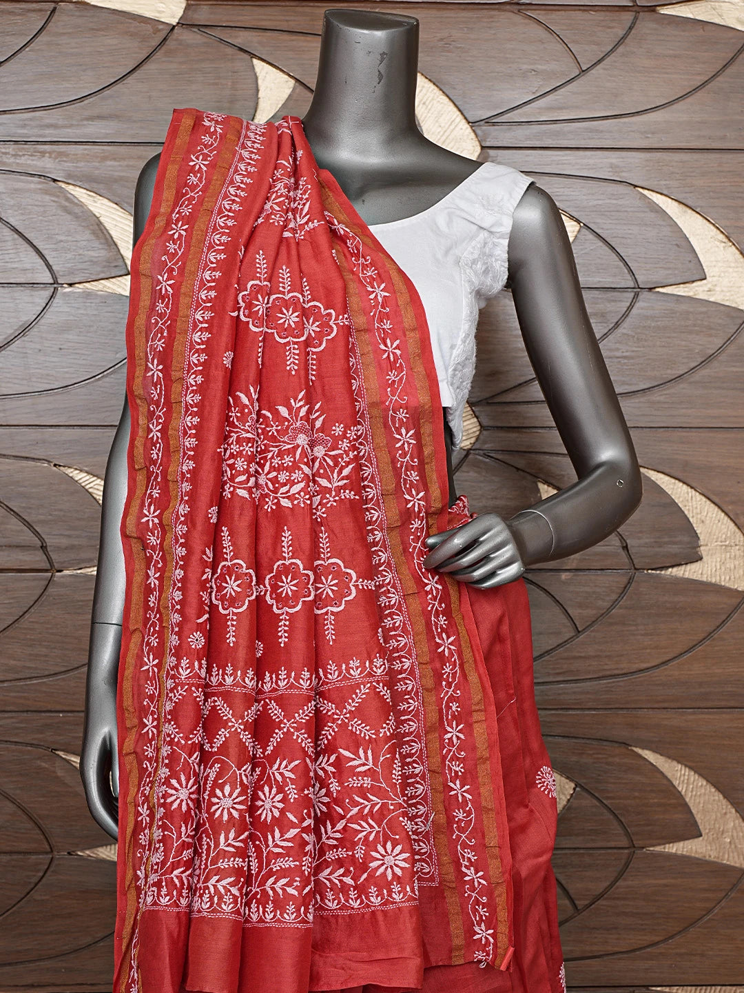 Ada Hand Embroidered Cherry Red Chanderi Lucknowi Chikankari Saree With Blouse 01A792556