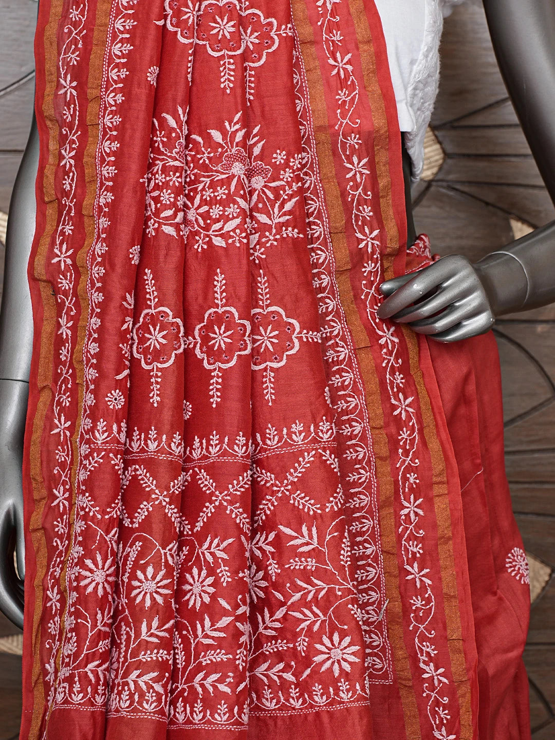 Ada Hand Embroidered Cherry Red Chanderi Lucknowi Chikankari Saree With Blouse 01A792556