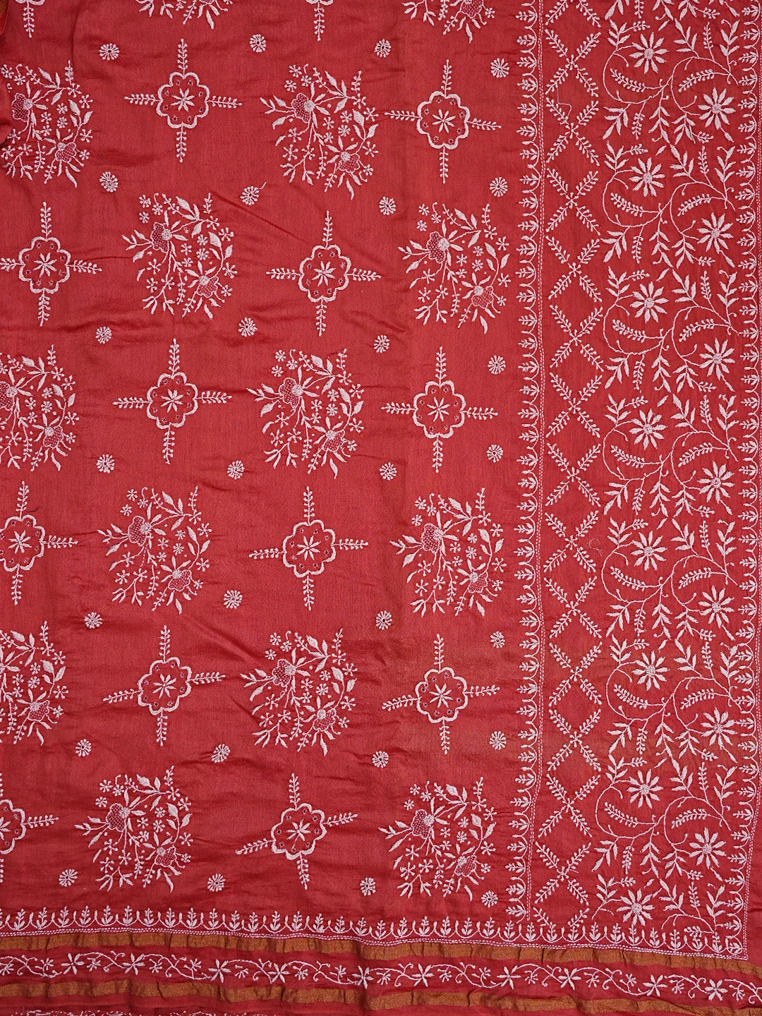 Ada Hand Embroidered Cherry Red Chanderi Lucknowi Chikankari Saree With Blouse 01A792556