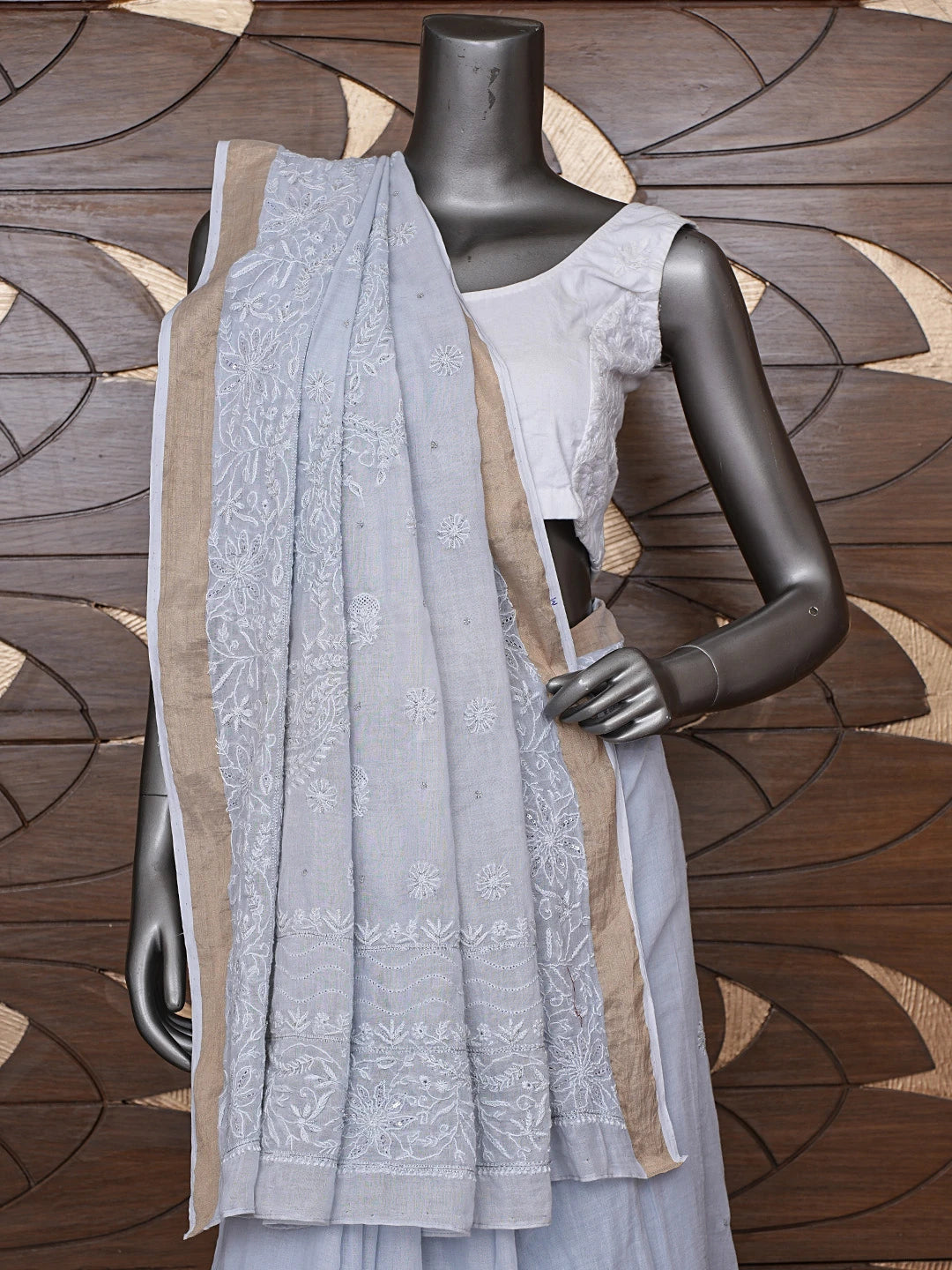Ada Hand Embroidered Silver Grey Chanderi Lucknowi Chikankari Saree With Blouse 01A736272