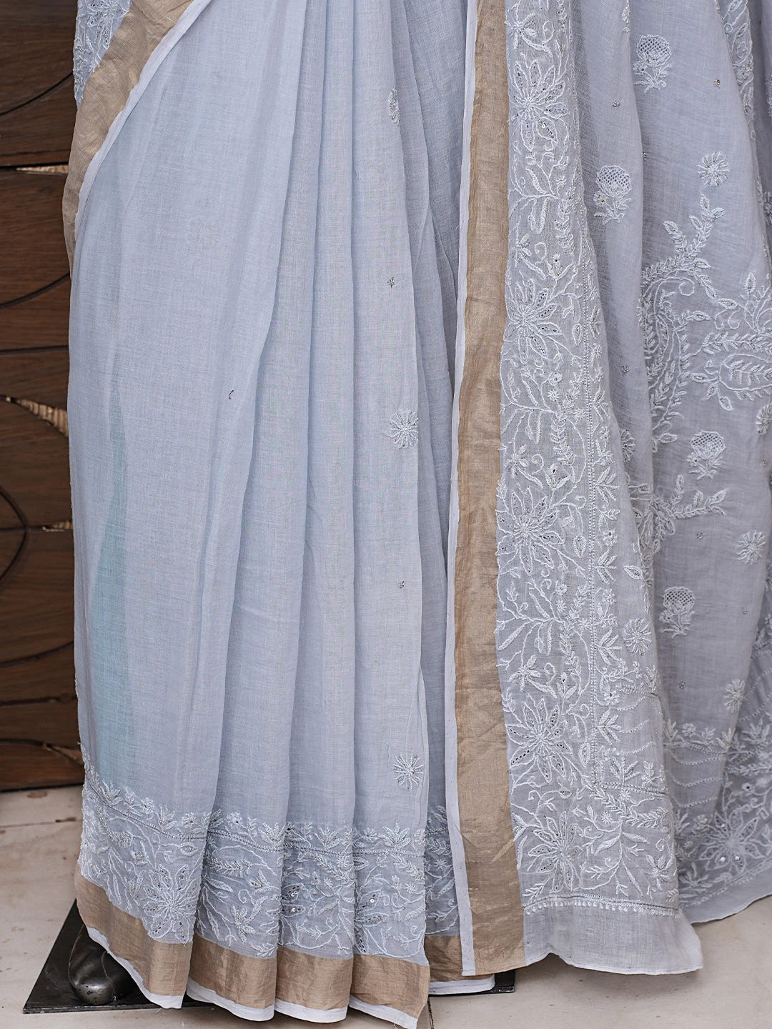 Ada Hand Embroidered Silver Grey Chanderi Lucknowi Chikankari Saree With Blouse 01A736272