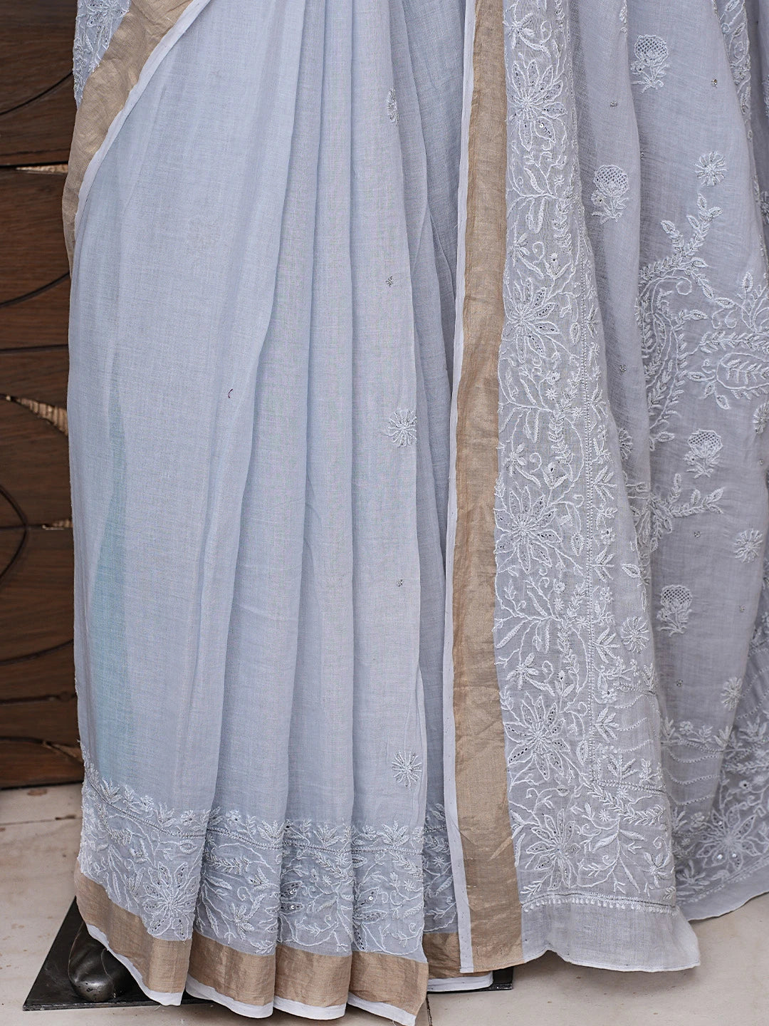 Ada Hand Embroidered Silver Grey Chanderi Lucknowi Chikankari Saree With Blouse 01A736272