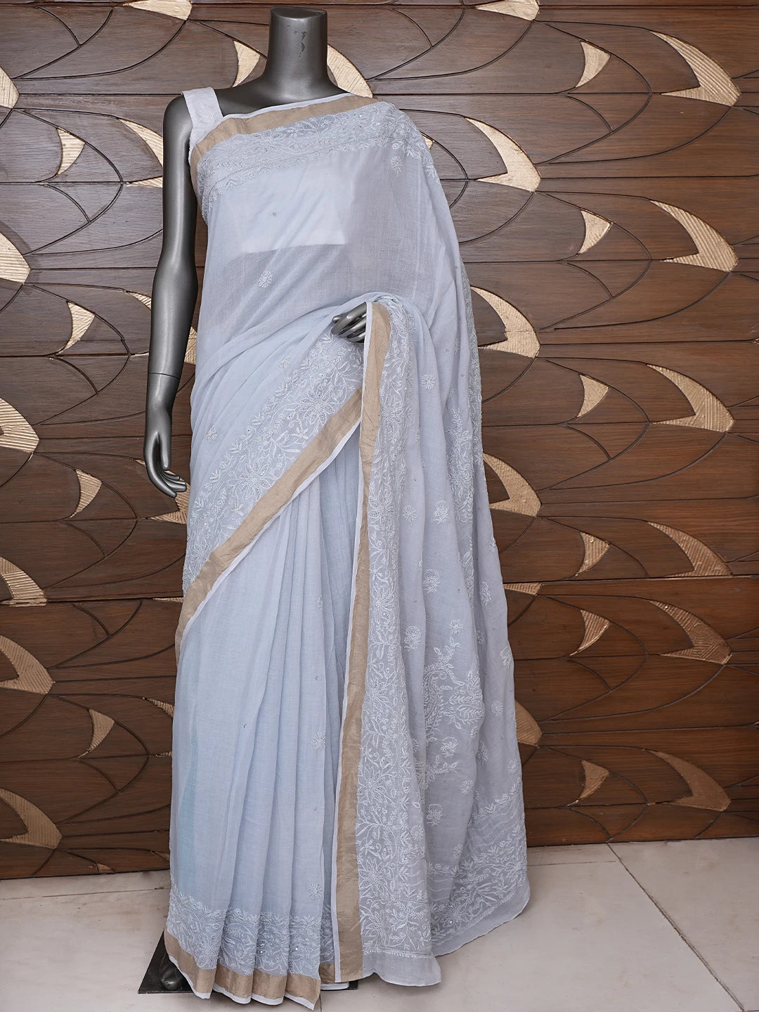 Ada Hand Embroidered Silver Grey Chanderi Lucknowi Chikankari Saree With Blouse 01A736272