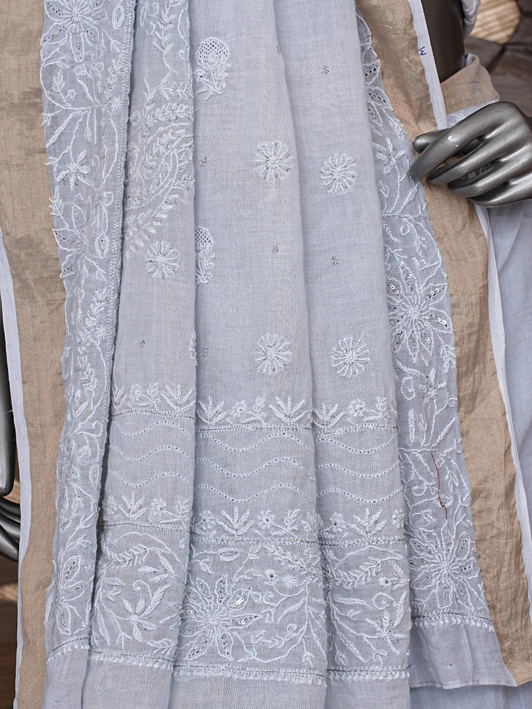 Ada Hand Embroidered Silver Grey Chanderi Lucknowi Chikankari Saree With Blouse 01A736272