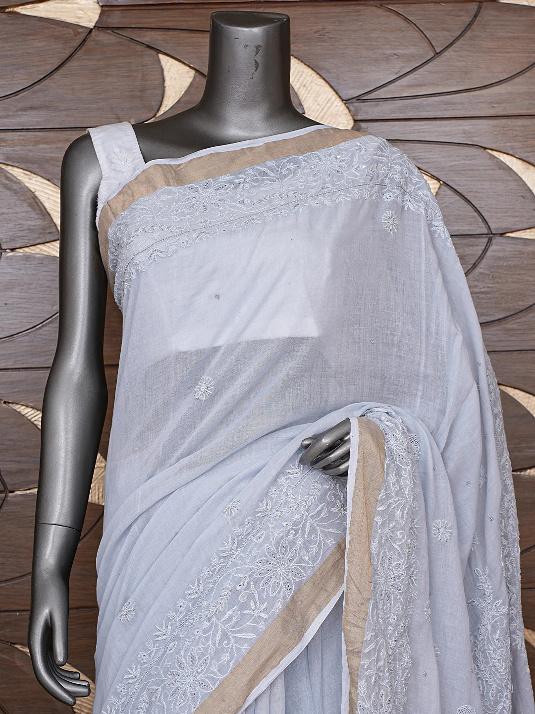 Ada Hand Embroidered Silver Grey Chanderi Lucknowi Chikankari Saree With Blouse 01A736272