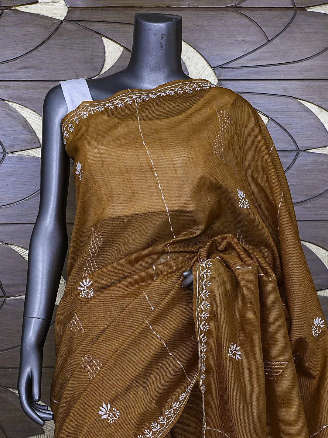 Ada Hand Embroidered caramel Brown Silk Lucknowi Chikankari Saree With Blouse 01A376433