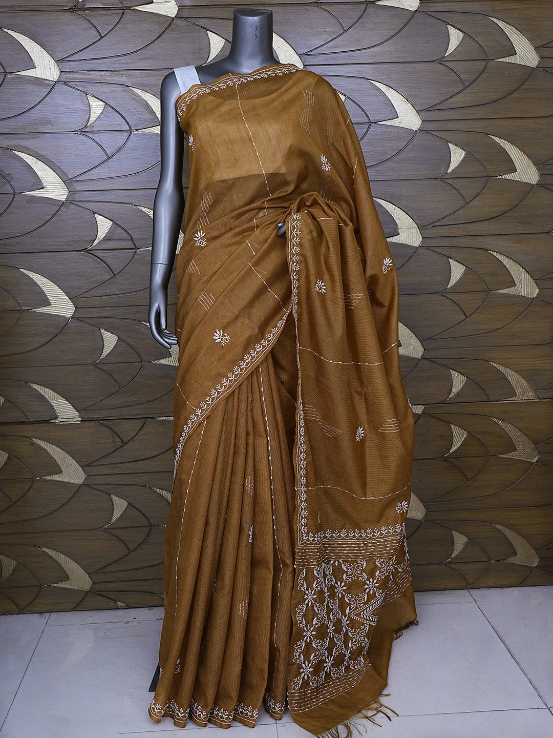 Ada Hand Embroidered caramel Brown Silk Lucknowi Chikankari Saree With Blouse 01A376433