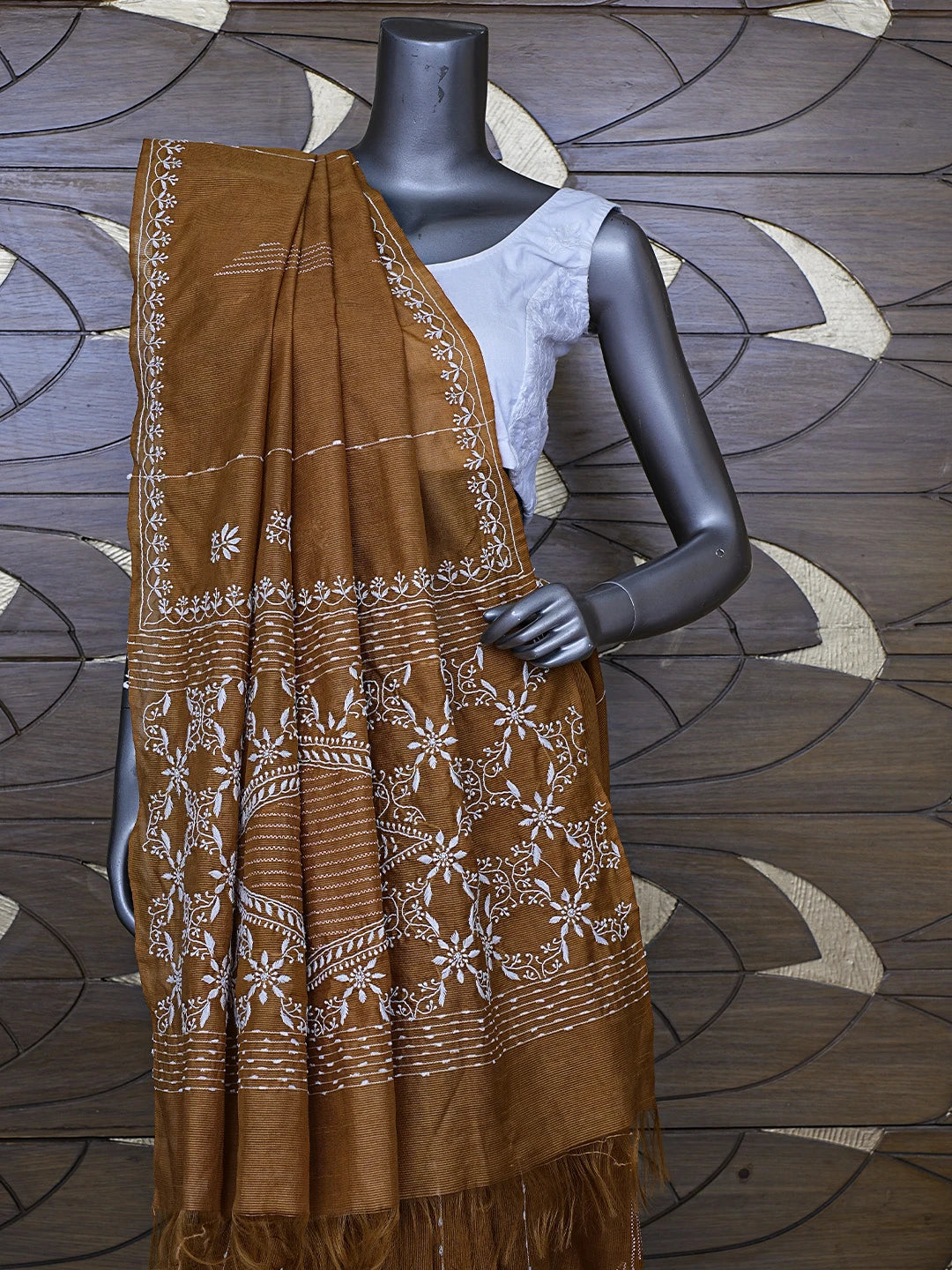 Ada Hand Embroidered caramel Brown Silk Lucknowi Chikankari Saree With Blouse 01A376433