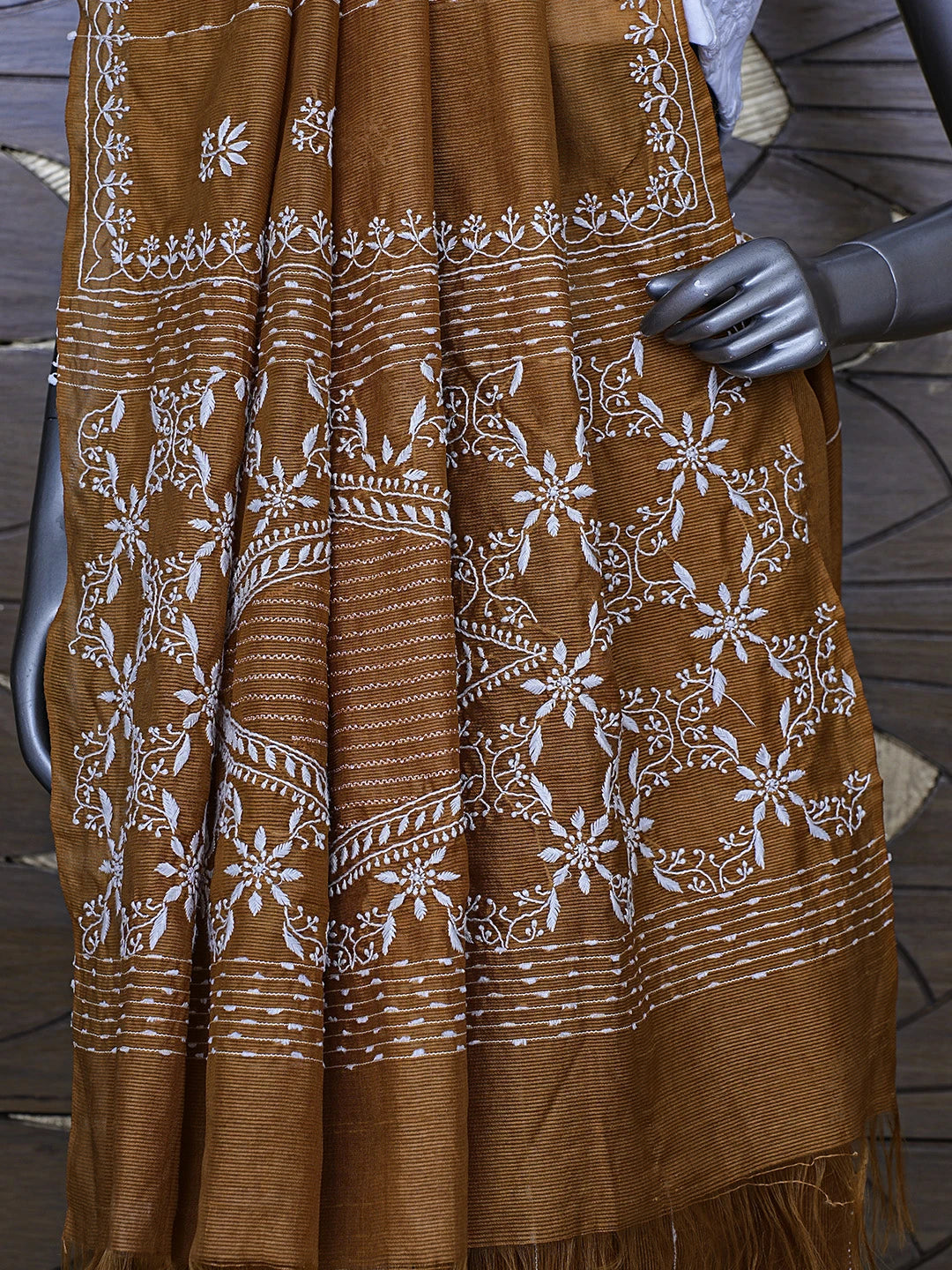 Ada Hand Embroidered caramel Brown Silk Lucknowi Chikankari Saree With Blouse 01A376433