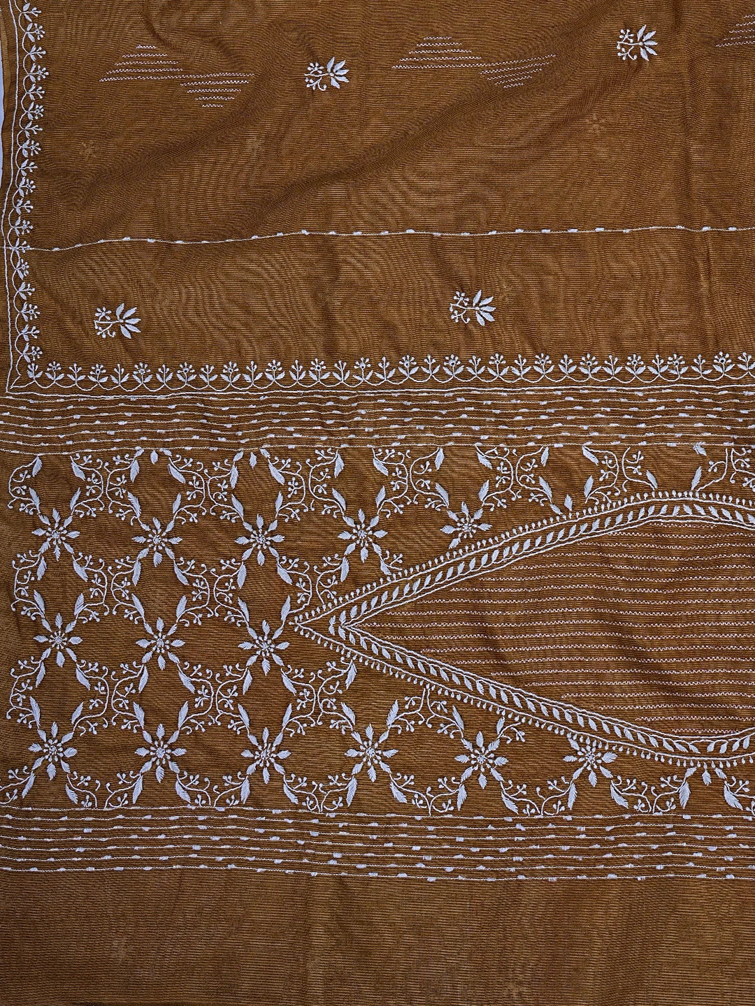 Ada Hand Embroidered caramel Brown Silk Lucknowi Chikankari Saree With Blouse 01A376433
