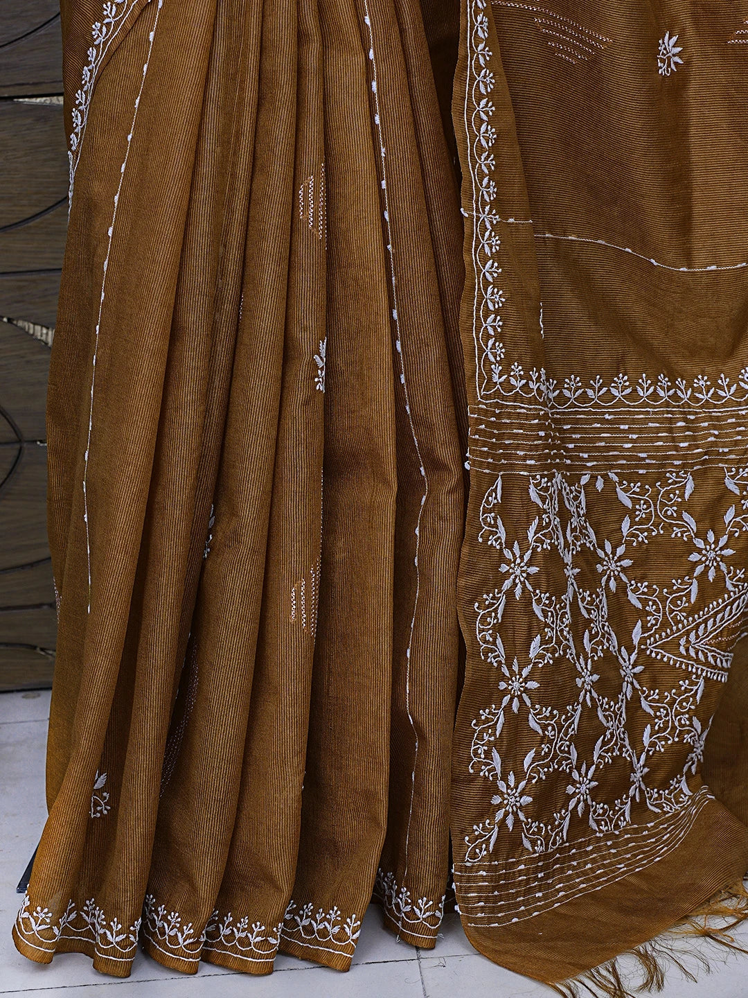 Ada Hand Embroidered caramel Brown Silk Lucknowi Chikankari Saree With Blouse 01A376433