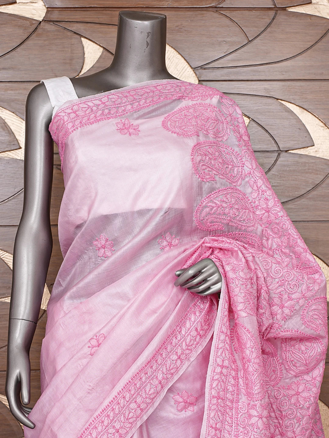 Ada Hand Embroidered Rose Pompadour Pink Silk Lucknowi Chikankari Saree and Blouse 01A837932