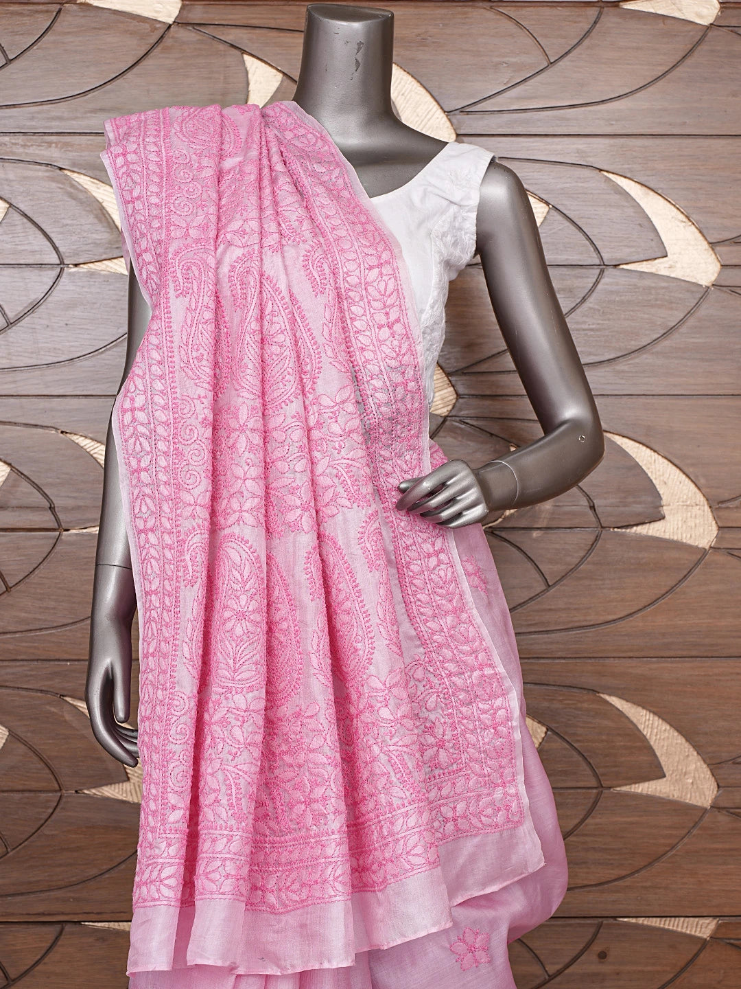 Ada Hand Embroidered Rose Pompadour Pink Silk Lucknowi Chikankari Saree and Blouse 01A837932