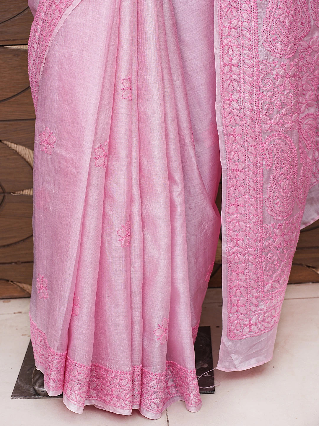 Ada Hand Embroidered Rose Pompadour Pink Silk Lucknowi Chikankari Saree and Blouse 01A837932