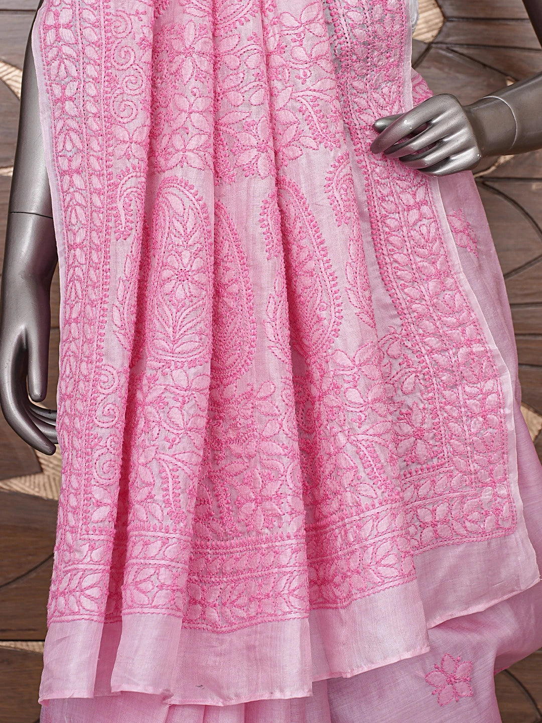 Ada Hand Embroidered Rose Pompadour Pink Silk Lucknowi Chikankari Saree and Blouse 01A837932