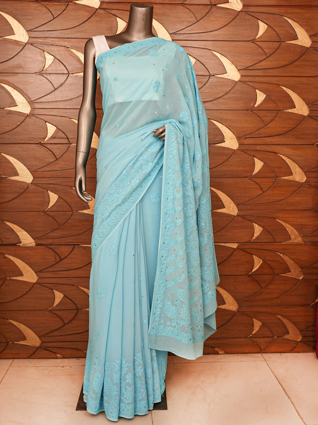 Ada Hand Embroidered Blue Viscose Georgette Lucknowi Chikankari Saree and Blouse With Mukaish Work 01A467027