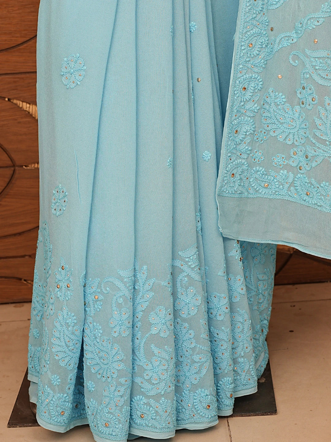 Ada Hand Embroidered Blue Viscose Georgette Lucknowi Chikankari Saree and Blouse With Mukaish Work 01A467027