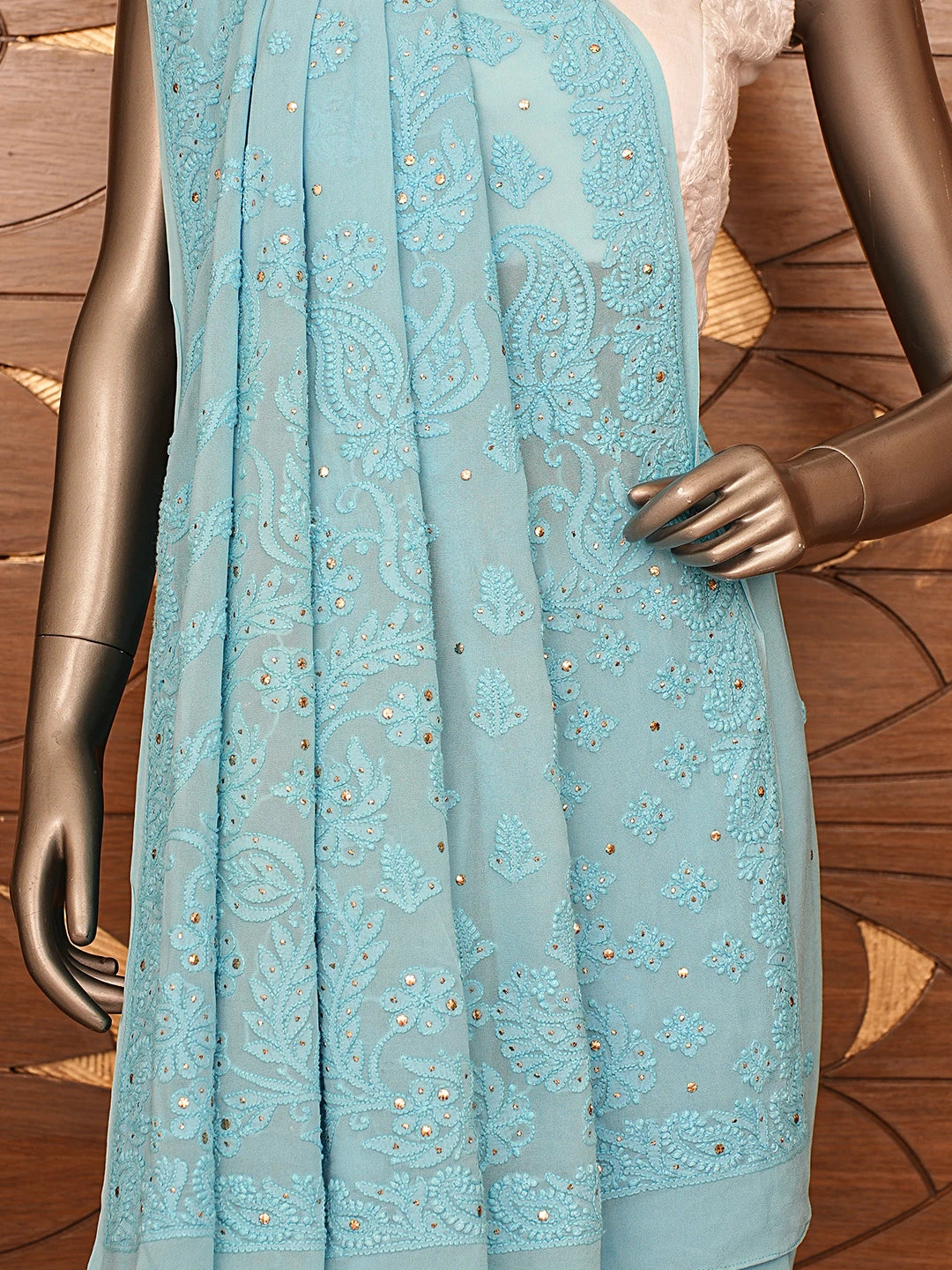 Ada Hand Embroidered Blue Viscose Georgette Lucknowi Chikankari Saree and Blouse With Mukaish Work 01A467027