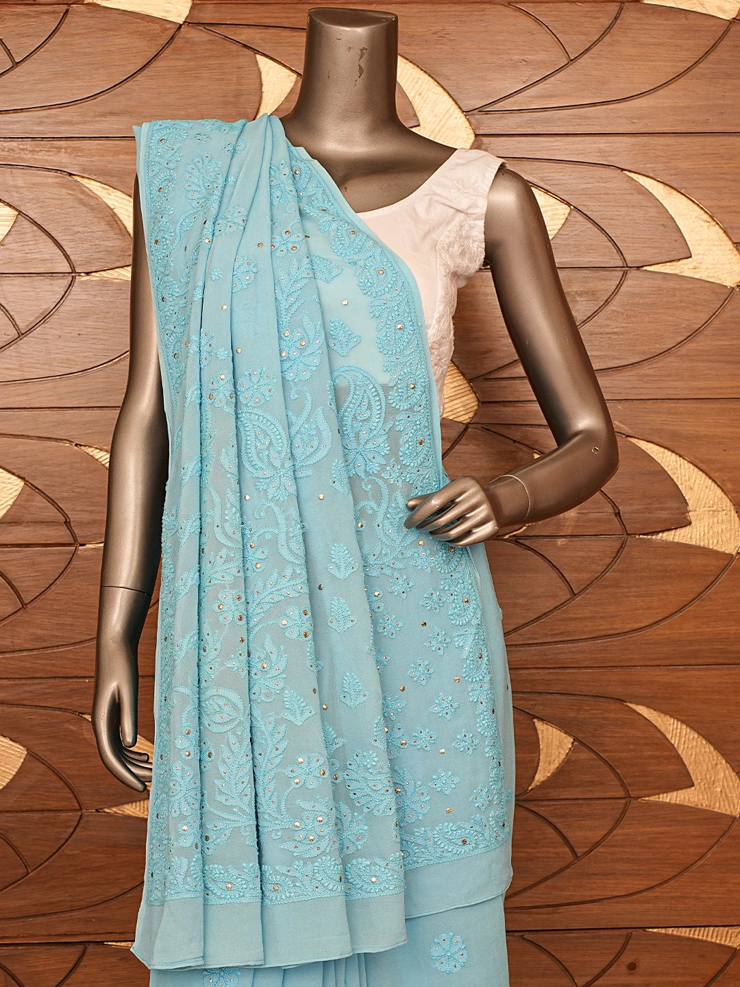 Ada Hand Embroidered Blue Viscose Georgette Lucknowi Chikankari Saree and Blouse With Mukaish Work 01A467027