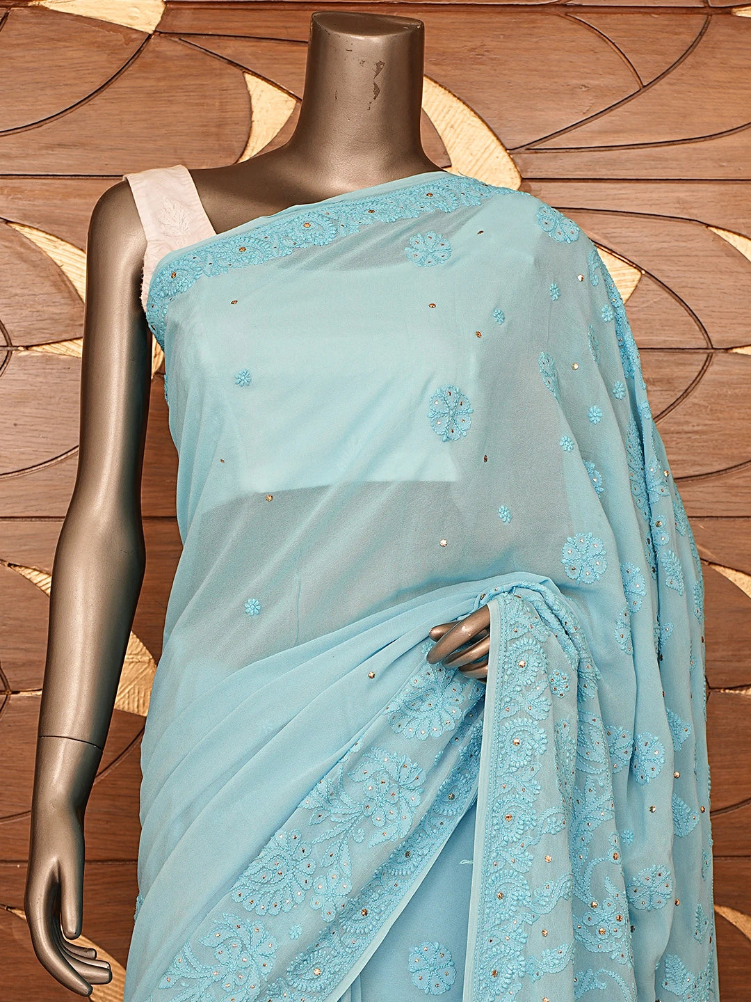 Ada Hand Embroidered Blue Viscose Georgette Lucknowi Chikankari Saree and Blouse With Mukaish Work 01A467027
