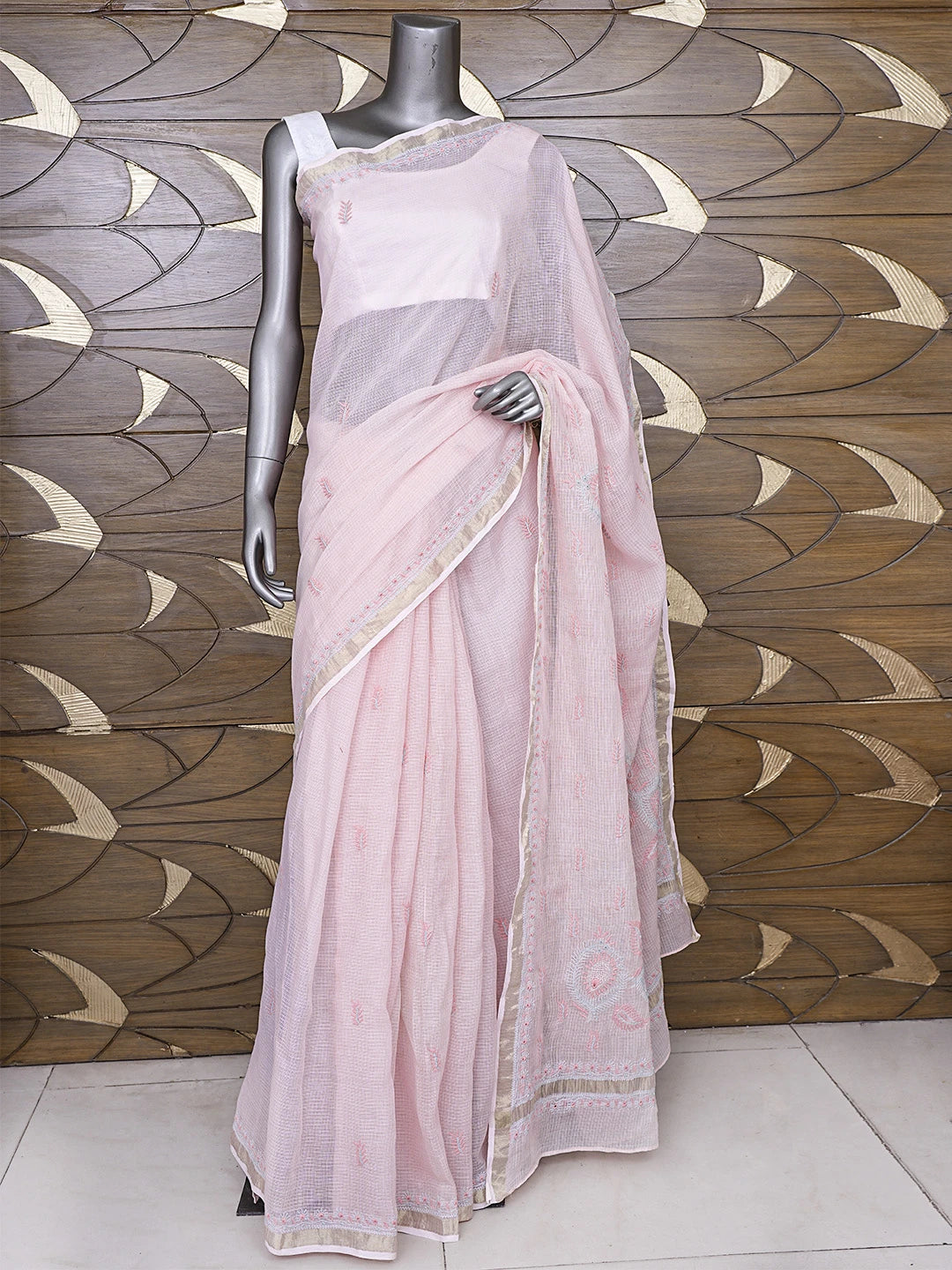 Ada Hand Embroidered Peach Schnapps Kota Lucknowi Chikankari Saree and Blouse 01A718020