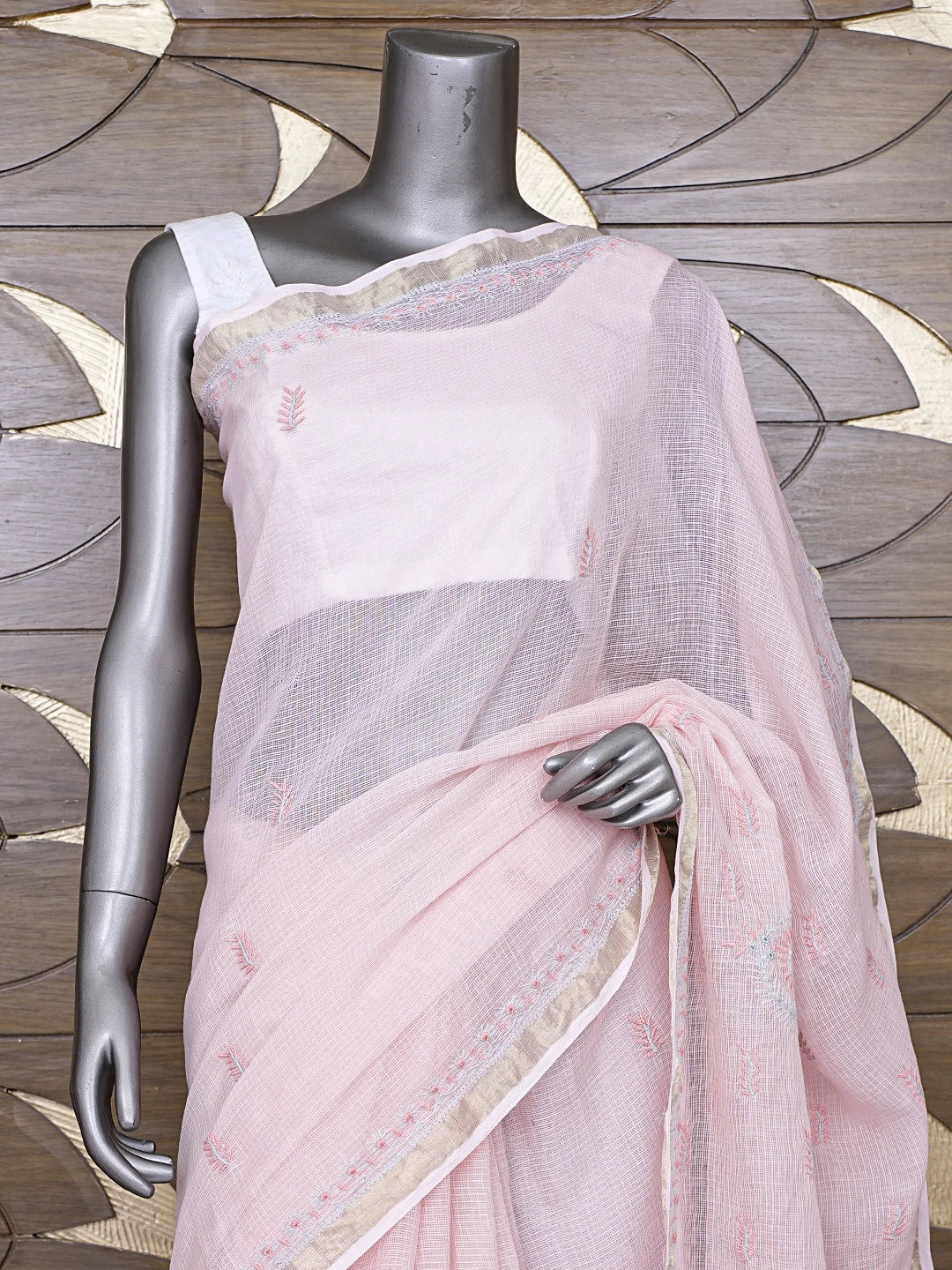 Ada Hand Embroidered Peach Schnapps Kota Lucknowi Chikankari Saree and Blouse 01A718020