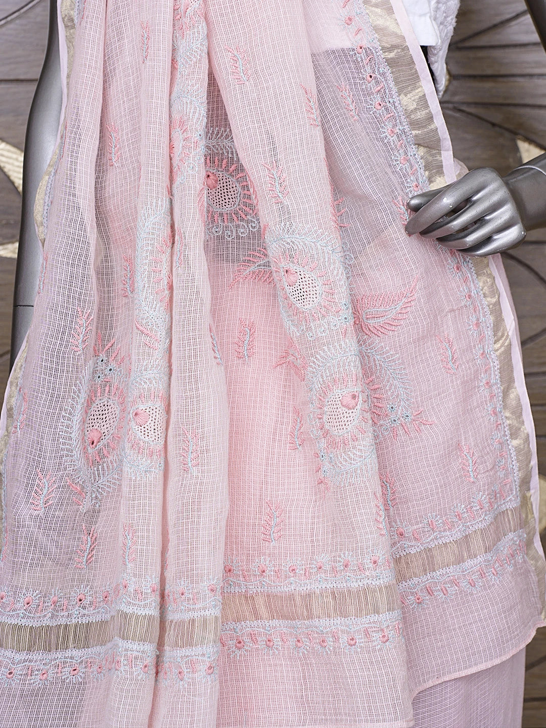 Ada Hand Embroidered Peach Schnapps Kota Lucknowi Chikankari Saree and Blouse 01A718020