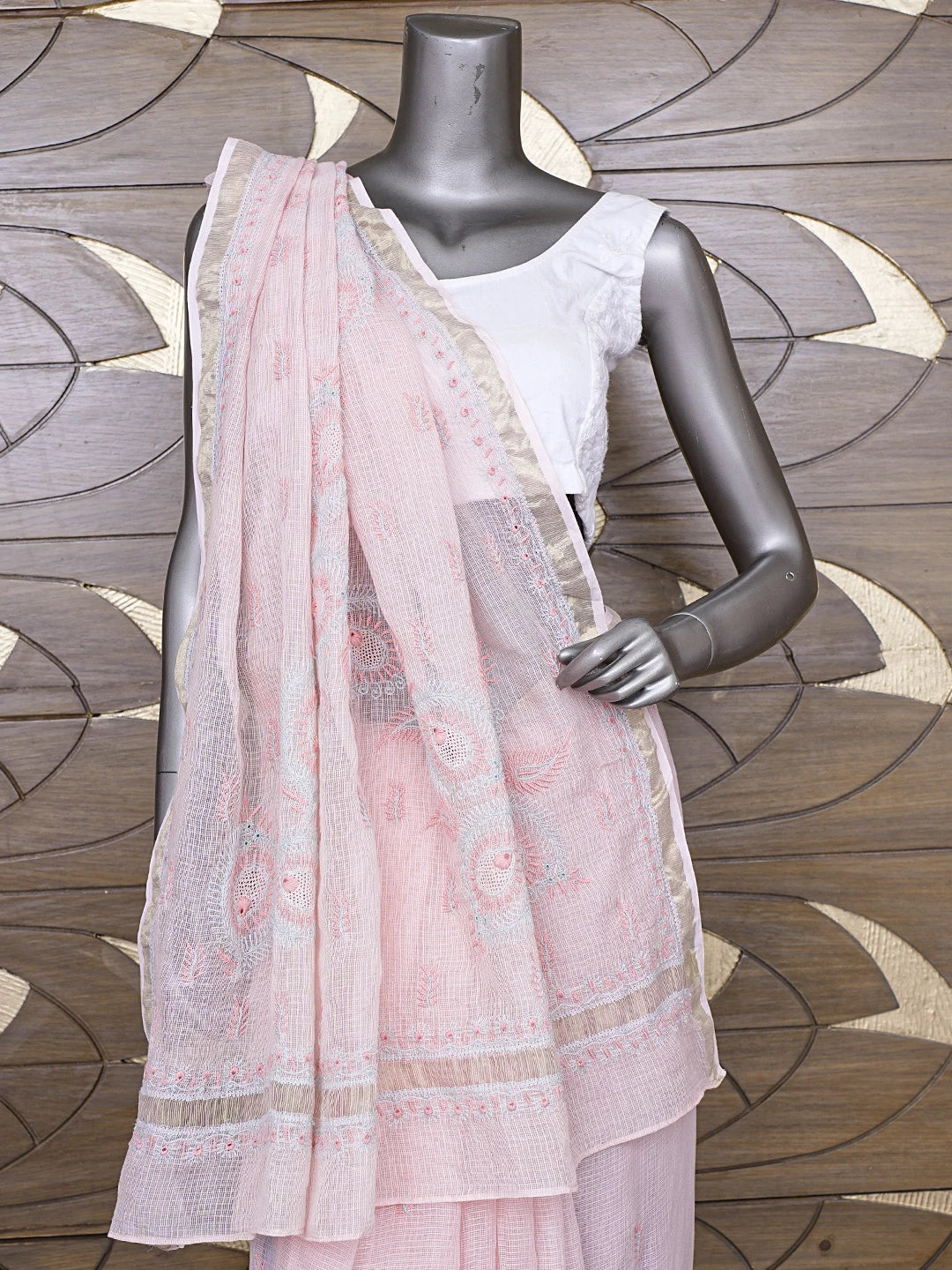 Ada Hand Embroidered Peach Schnapps Kota Lucknowi Chikankari Saree and Blouse 01A718020