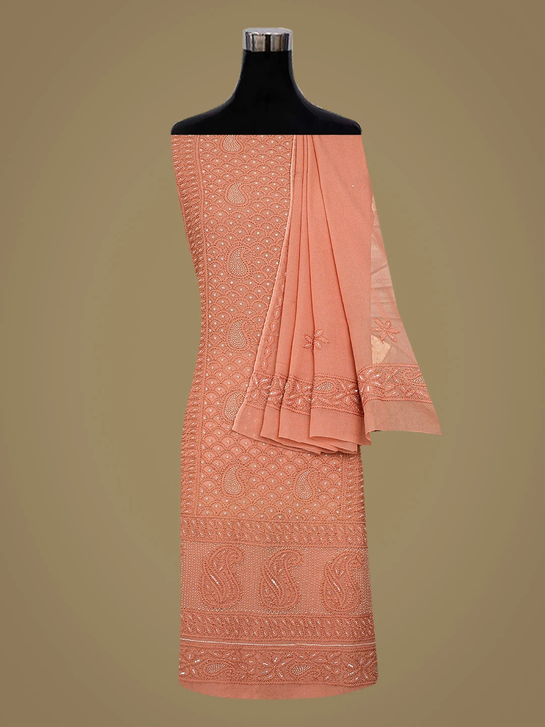 Ada Hand Embroidered Dusty Peach Viscose Georgette Lucknowi Chikankari Unstitched Kurta Dupatta Set With Cutdana Work 01A792852