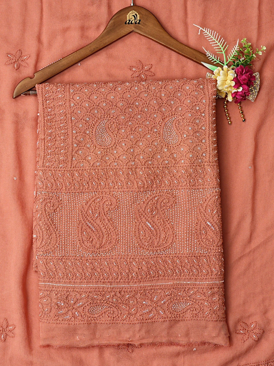 Ada Hand Embroidered Dusty Peach Viscose Georgette Lucknowi Chikankari Unstitched Kurta Dupatta Set With Cutdana Work 01A792852