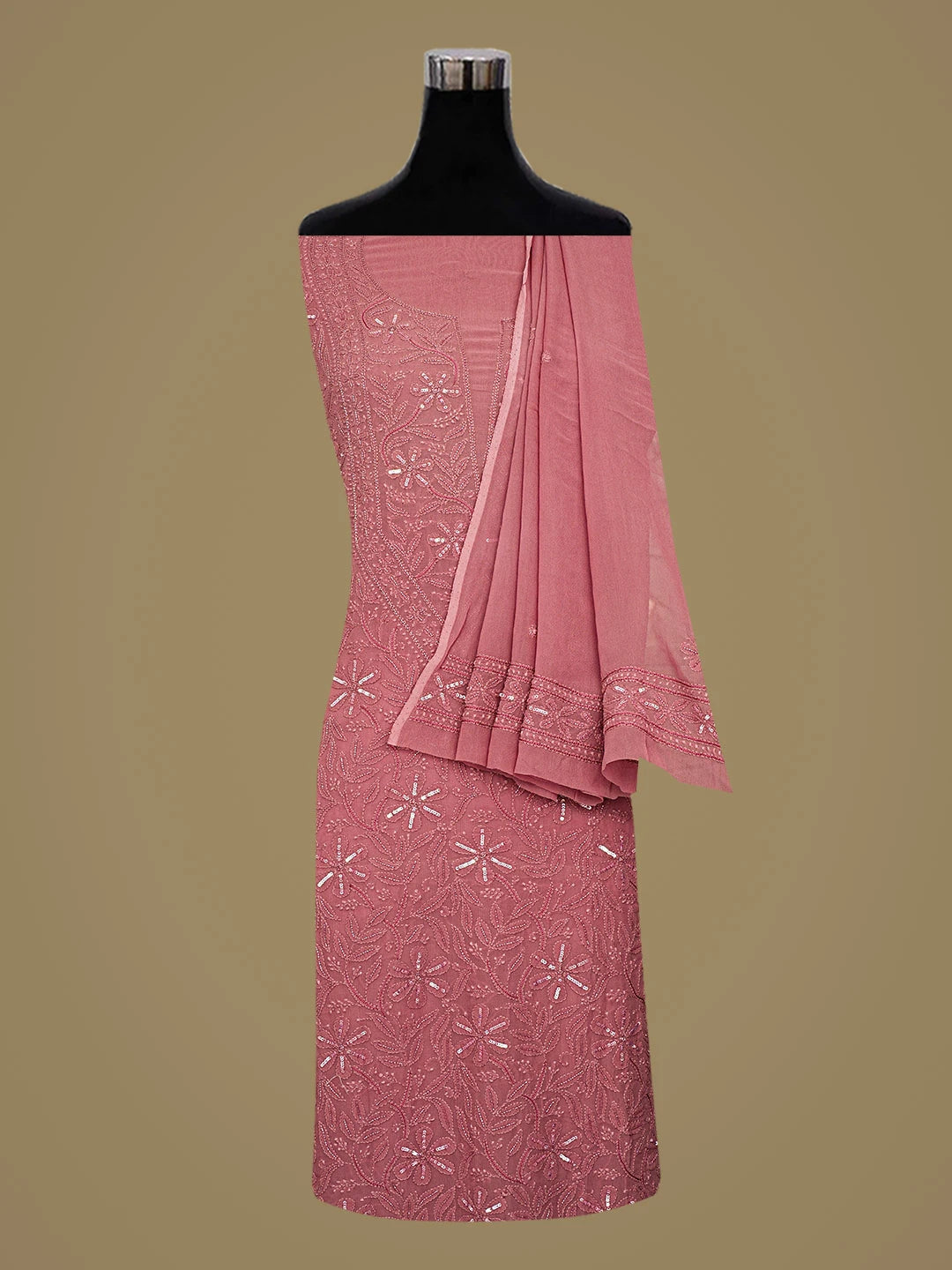 Ada Hand Embroidered Onion Pink Viscose Georgette Lucknowi Chikankari Unstitched Kurta Dupatta Set With Cutdana Work 01A809958