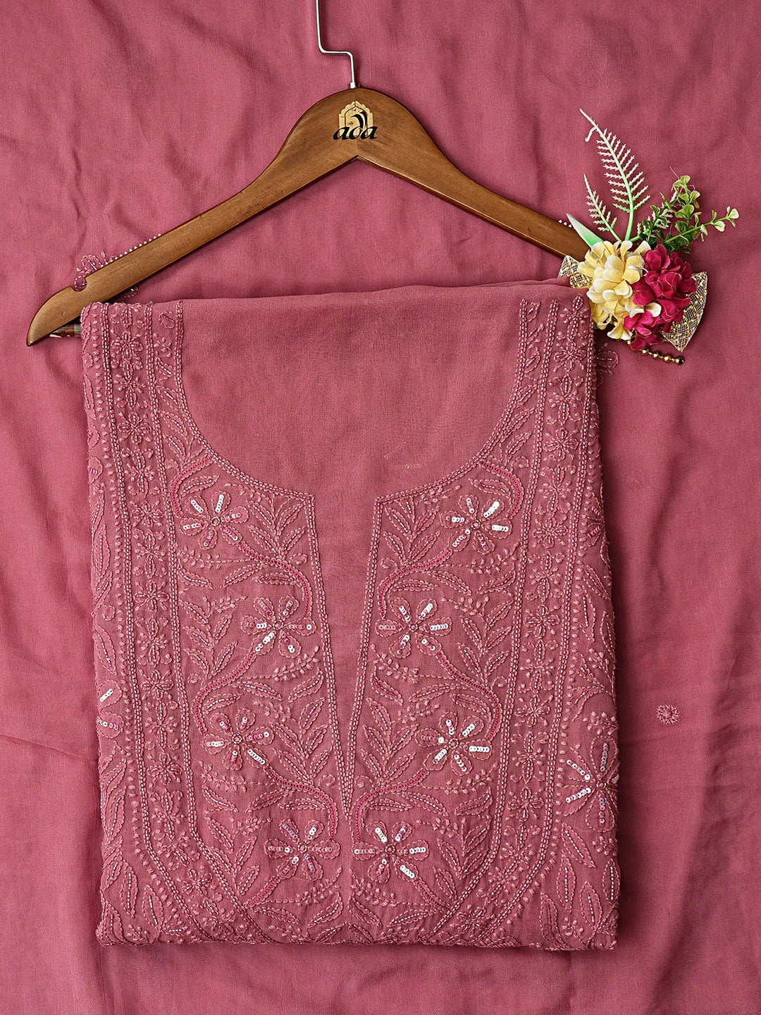 Ada Hand Embroidered Onion Pink Viscose Georgette Lucknowi Chikankari Unstitched Kurta Dupatta Set With Cutdana Work 01A809958