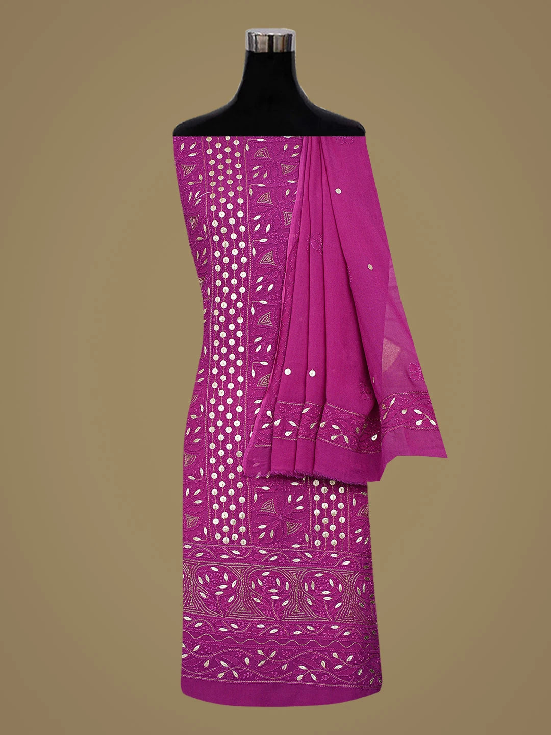 Ada Hand Embroidered Magenta Viscose Georgette Lucknowi Chikankari Unstitched Kurta Dupatta Set With Gotapatti Work 01A802016