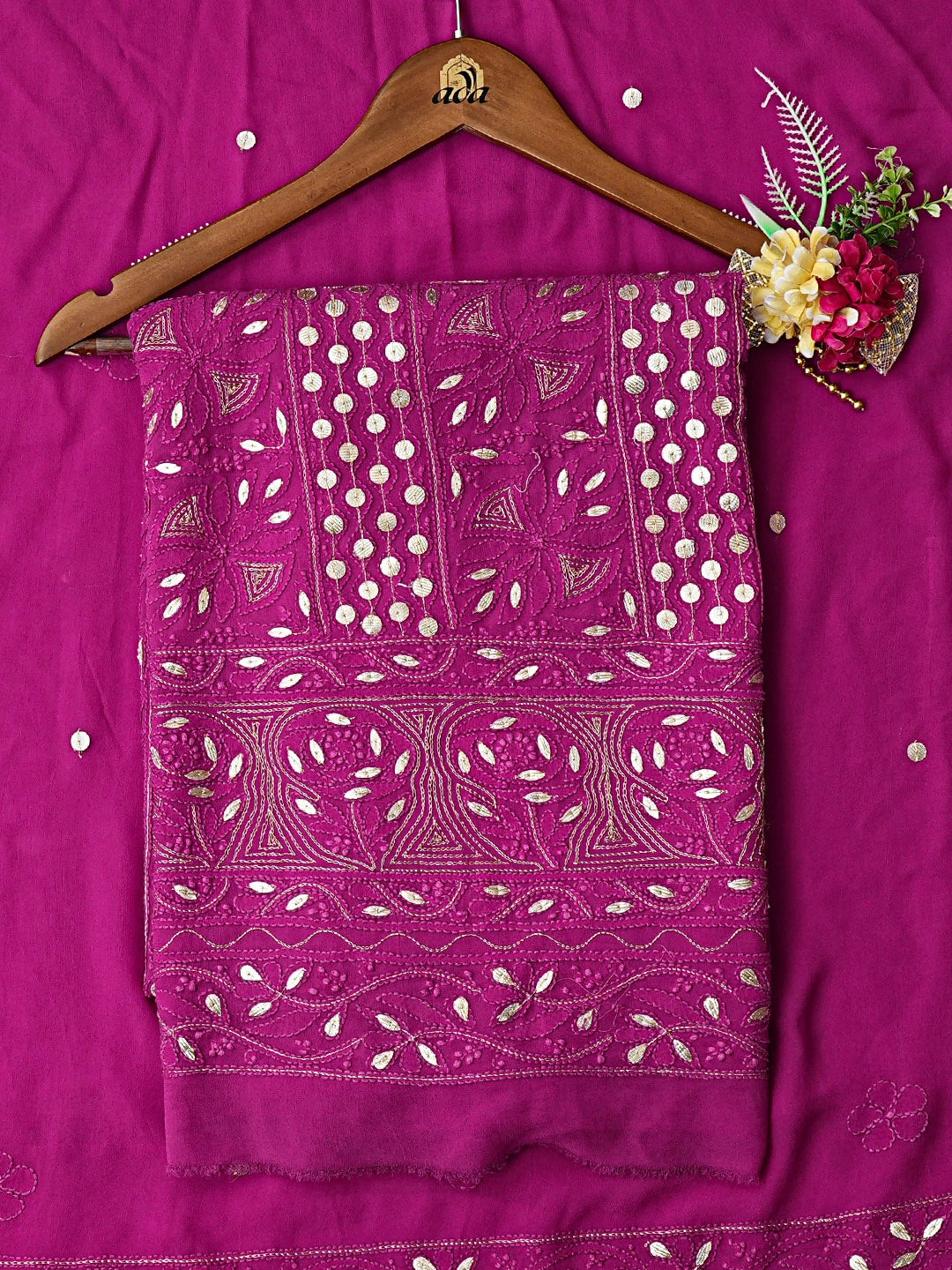 Ada Hand Embroidered Magenta Viscose Georgette Lucknowi Chikankari Unstitched Kurta Dupatta Set With Gotapatti Work 01A802016