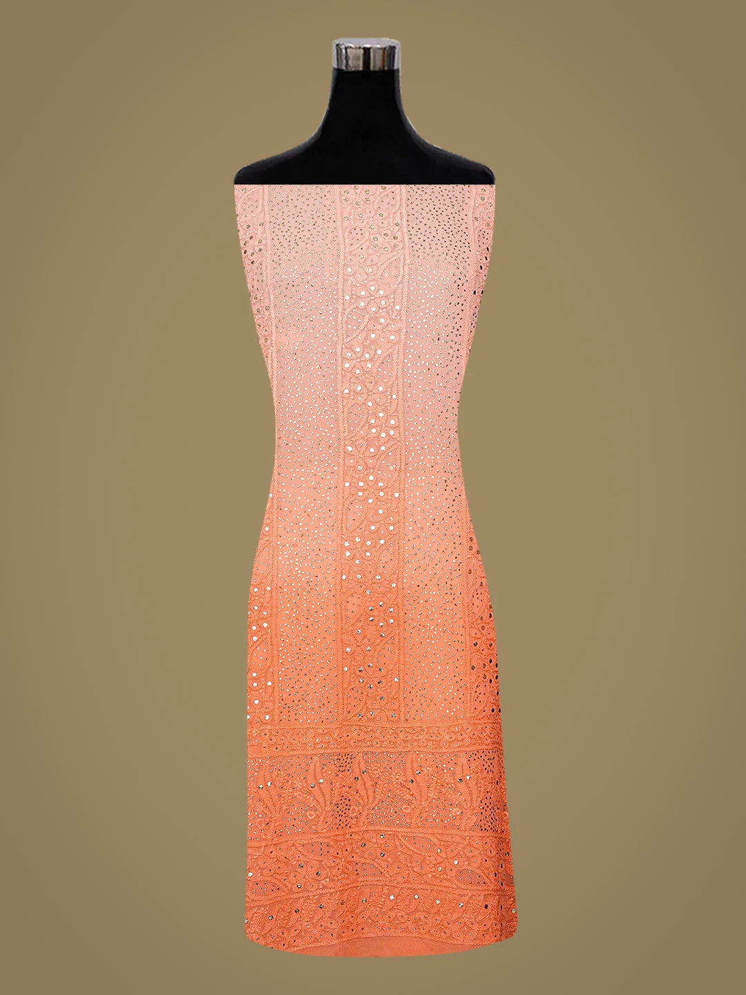 Ada Hand Embroidered Coral Peach Viscose Georgette Lucknowi Chikankari Unstitched Kurta Dupatta Set With Mukaish Work 01A809091
