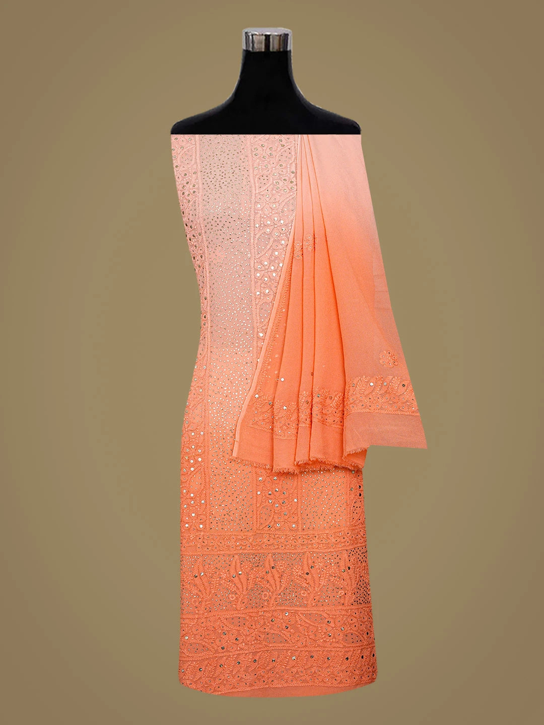 Ada Hand Embroidered Coral Peach Viscose Georgette Lucknowi Chikankari Unstitched Kurta Dupatta Set With Mukaish Work 01A809091