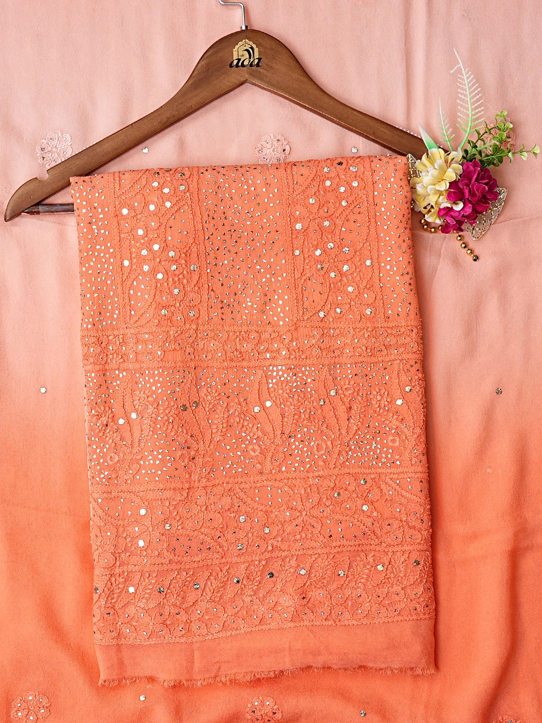 Ada Hand Embroidered Coral Peach Viscose Georgette Lucknowi Chikankari Unstitched Kurta Dupatta Set With Mukaish Work 01A809091