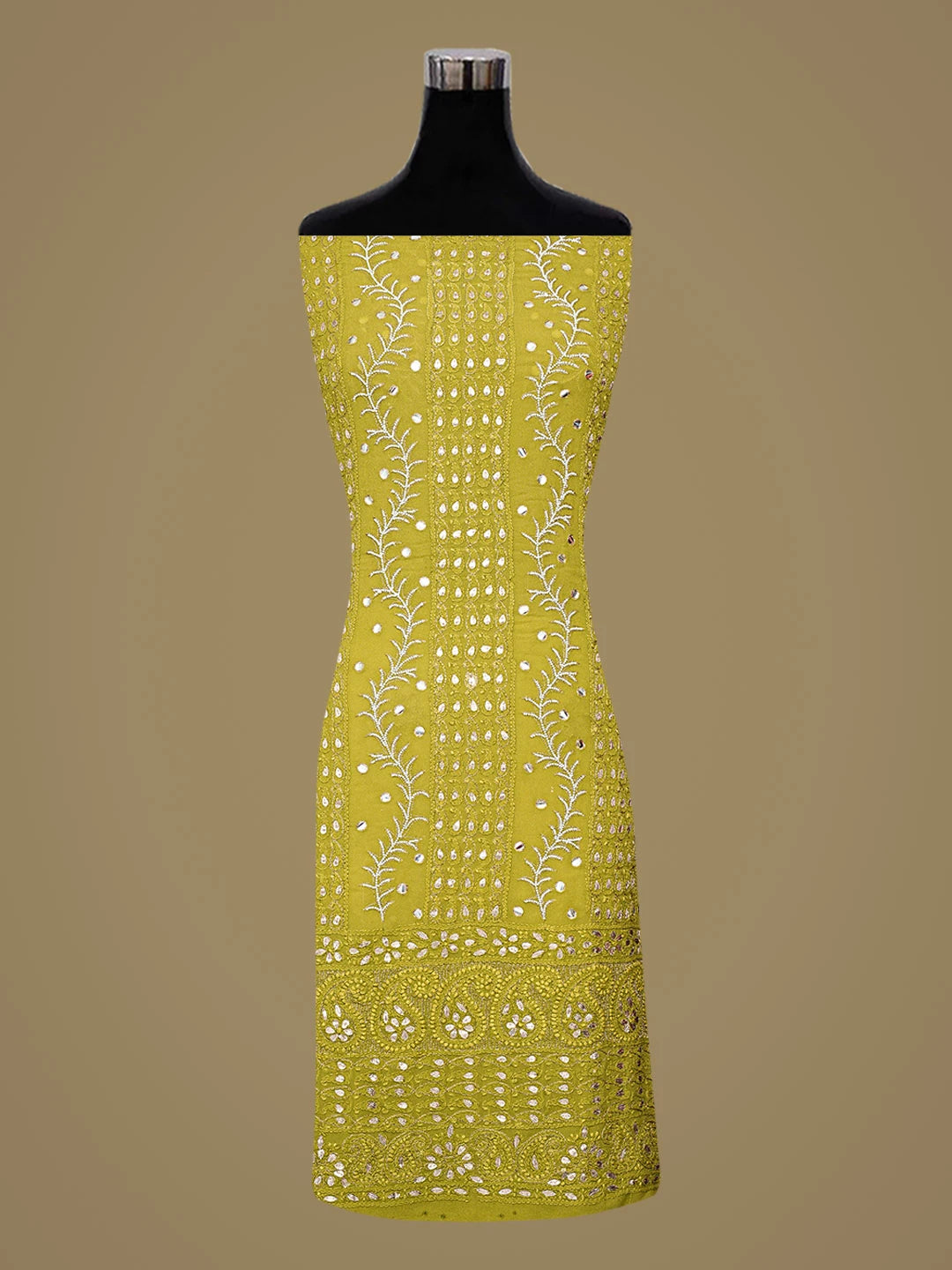 Ada Hand Embroidered Mehandi Green Viscose Georgette Lucknowi Chikankari Unstitched Kurta Dupatta Set With Gotapatti Work 01A809097