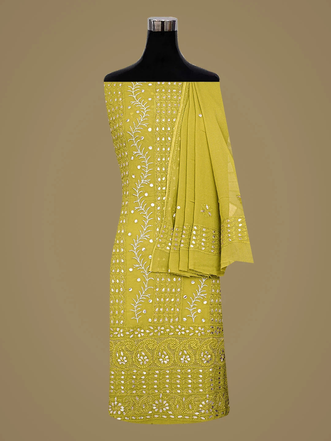 Ada Hand Embroidered Mehandi Green Viscose Georgette Lucknowi Chikankari Unstitched Kurta Dupatta Set With Gotapatti Work 01A809097