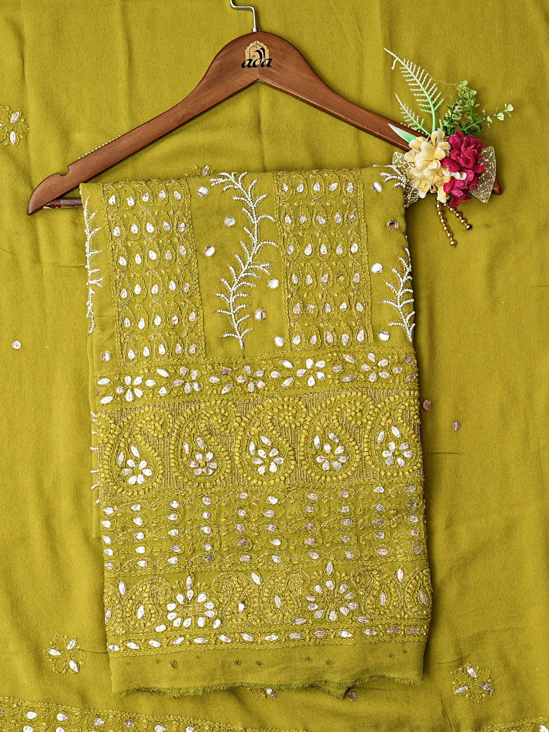 Ada Hand Embroidered Mehandi Green Viscose Georgette Lucknowi Chikankari Unstitched Kurta Dupatta Set With Gotapatti Work 01A809097