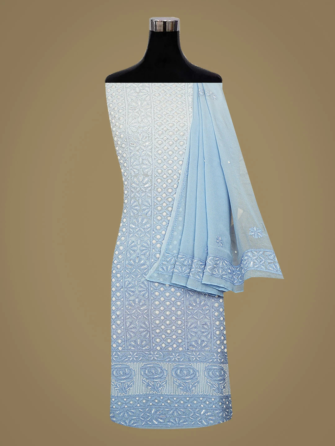 Ada Hand Embroidered Blue Viscose Georgette Lucknowi Chikankari Unstitched Kurta Dupatta Set With Pearl Work 01A808402