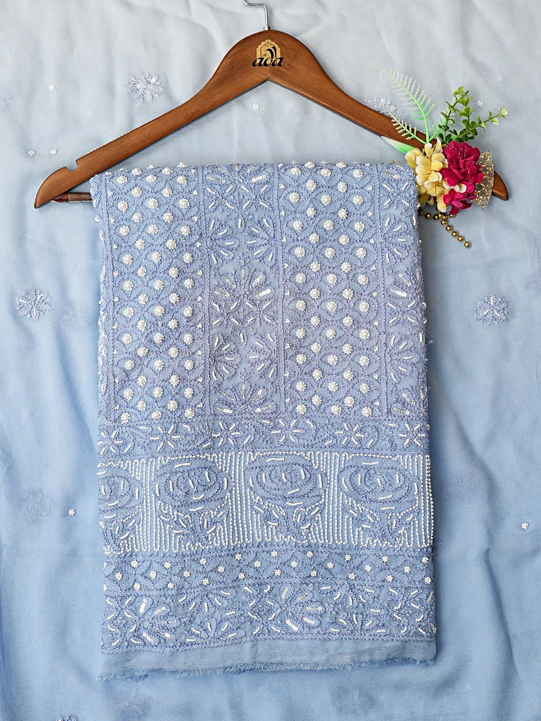 Ada Hand Embroidered Blue Viscose Georgette Lucknowi Chikankari Unstitched Kurta Dupatta Set With Pearl Work 01A808402