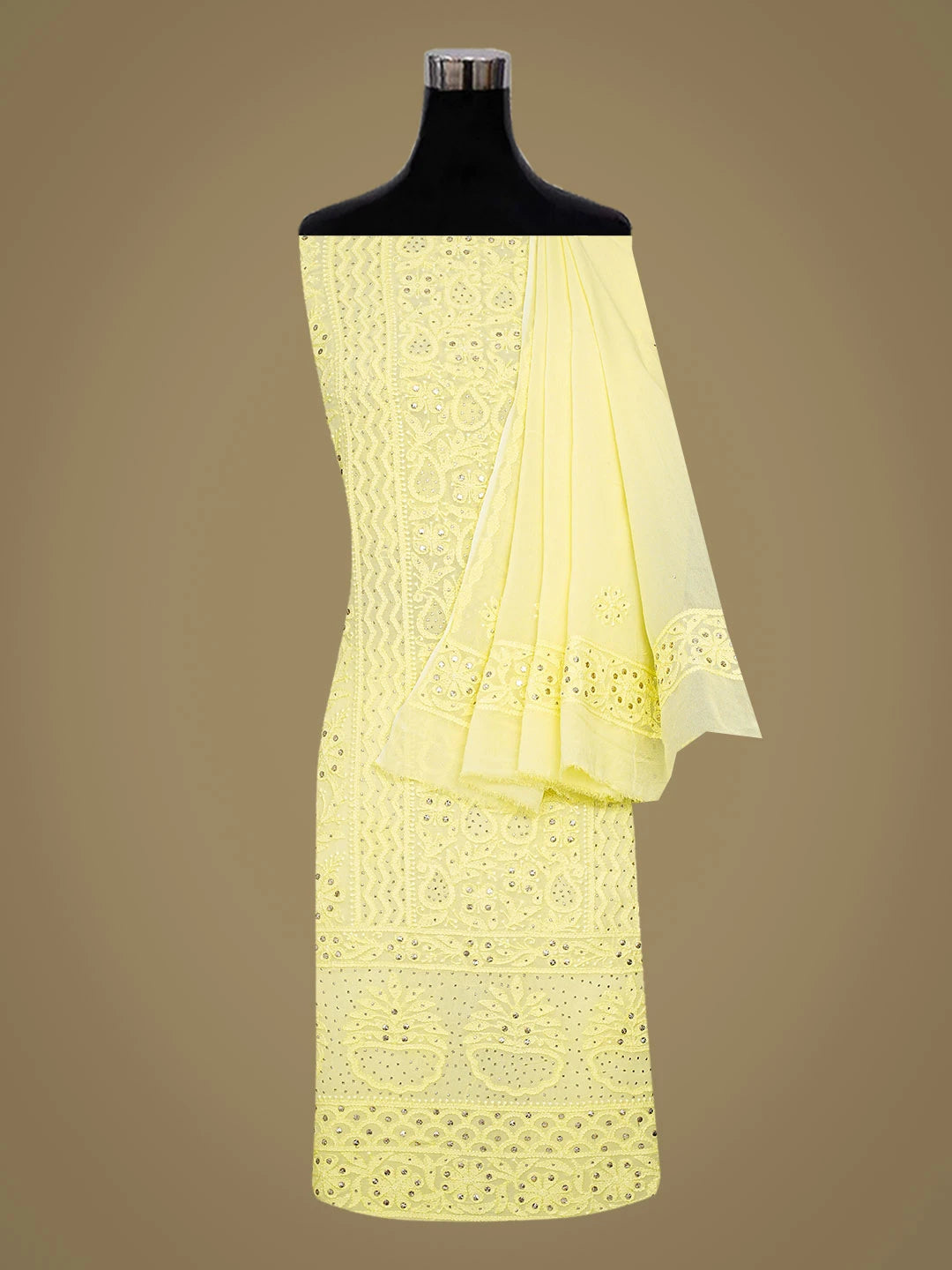 Ada Hand Embroidered Lemon Viscose Georgette Lucknowi Chikankari Unstitched Kurta Dupatta Set With Mukaish Work 01A802244