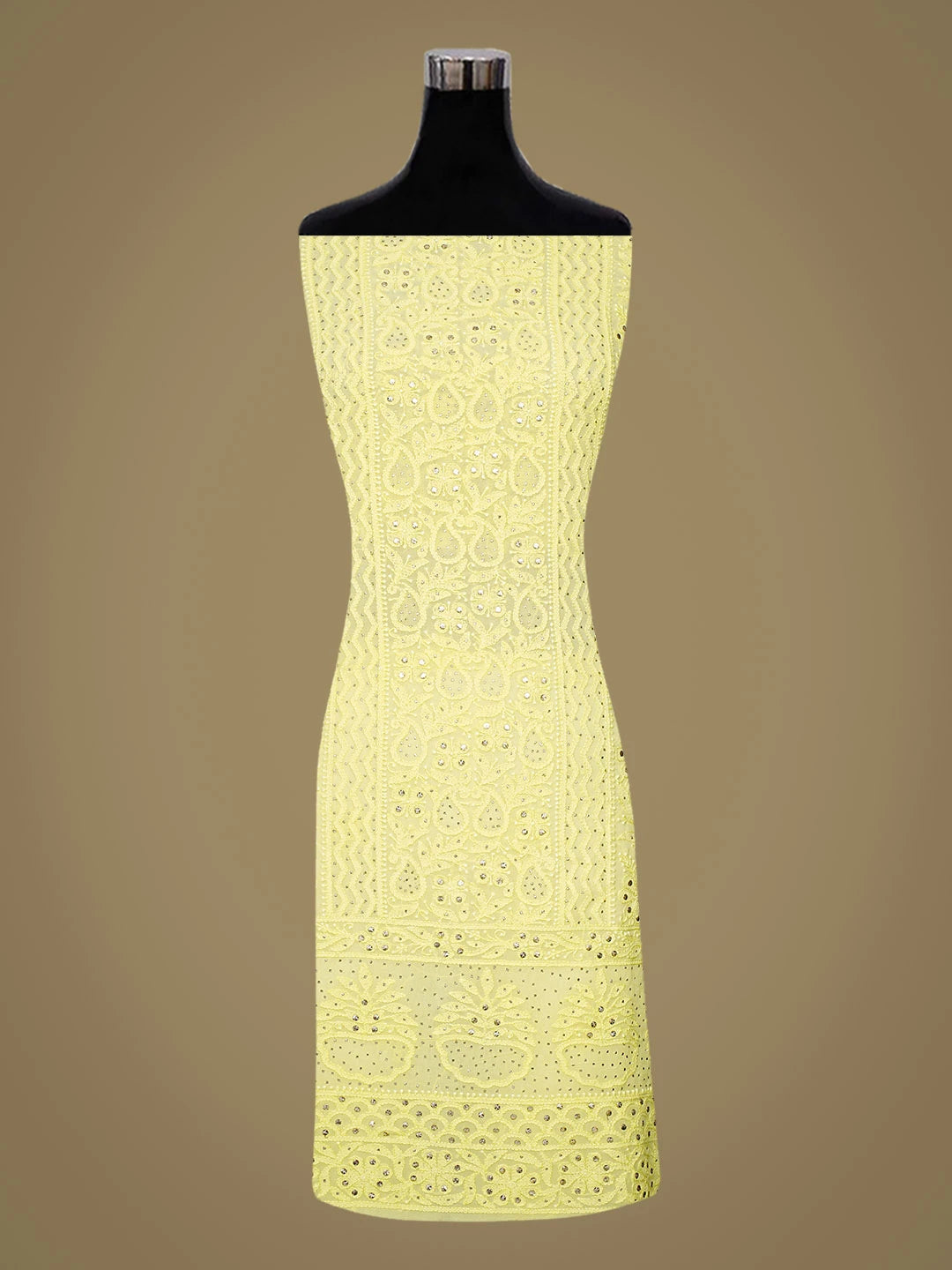 Ada Hand Embroidered Lemon Viscose Georgette Lucknowi Chikankari Unstitched Kurta Dupatta Set With Mukaish Work 01A802244