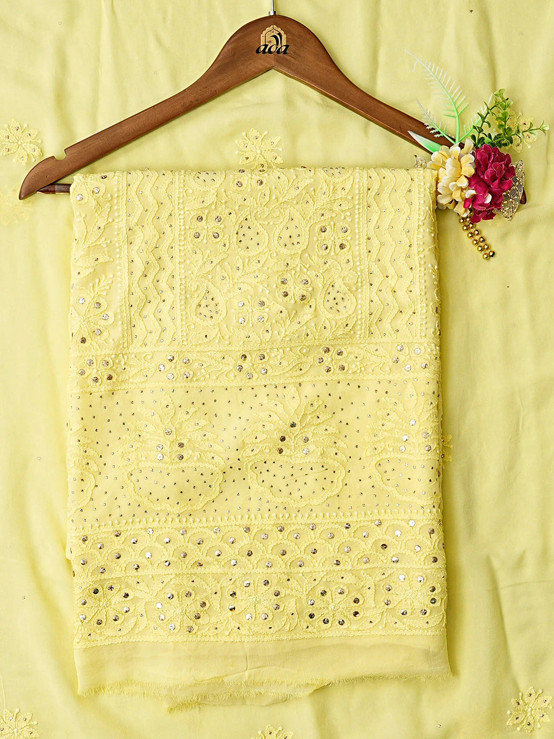 Ada Hand Embroidered Lemon Viscose Georgette Lucknowi Chikankari Unstitched Kurta Dupatta Set With Mukaish Work 01A802244
