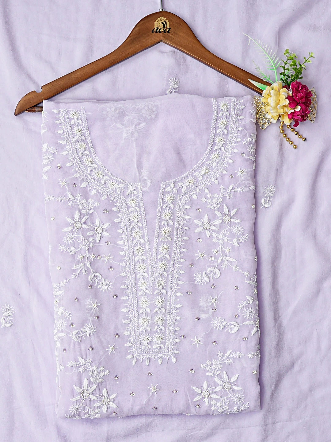 Ada Hand Embroidered Lavender Viscose Georgette Lucknowi Chikankari Unstitched Kurta Dupatta Set With Cutdana Work 01A817629