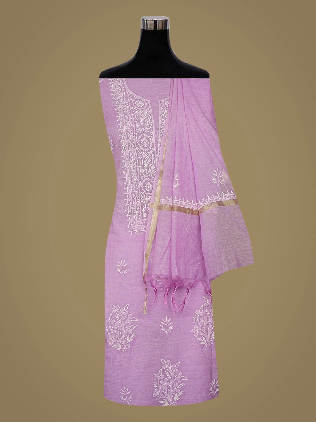 Ada Hand Embroidered Lavender Chanderi Lucknowi Chikankari Unstitched Kurta Dupatta Set 01A780334