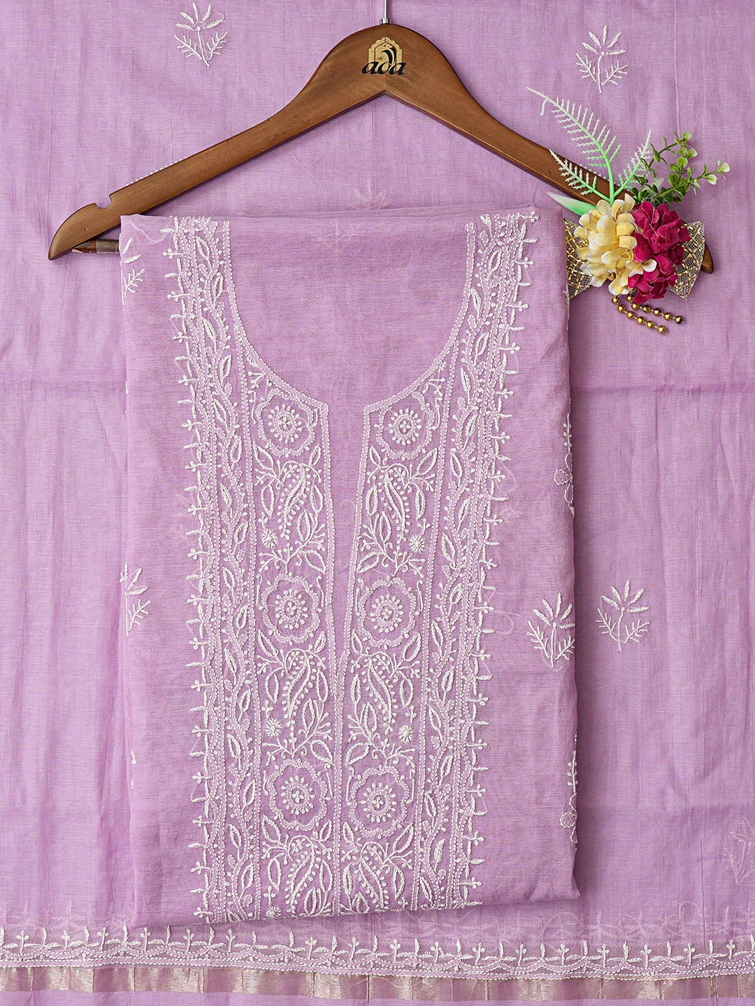 Ada Hand Embroidered Lavender Chanderi Lucknowi Chikankari Unstitched Kurta Dupatta Set 01A780334