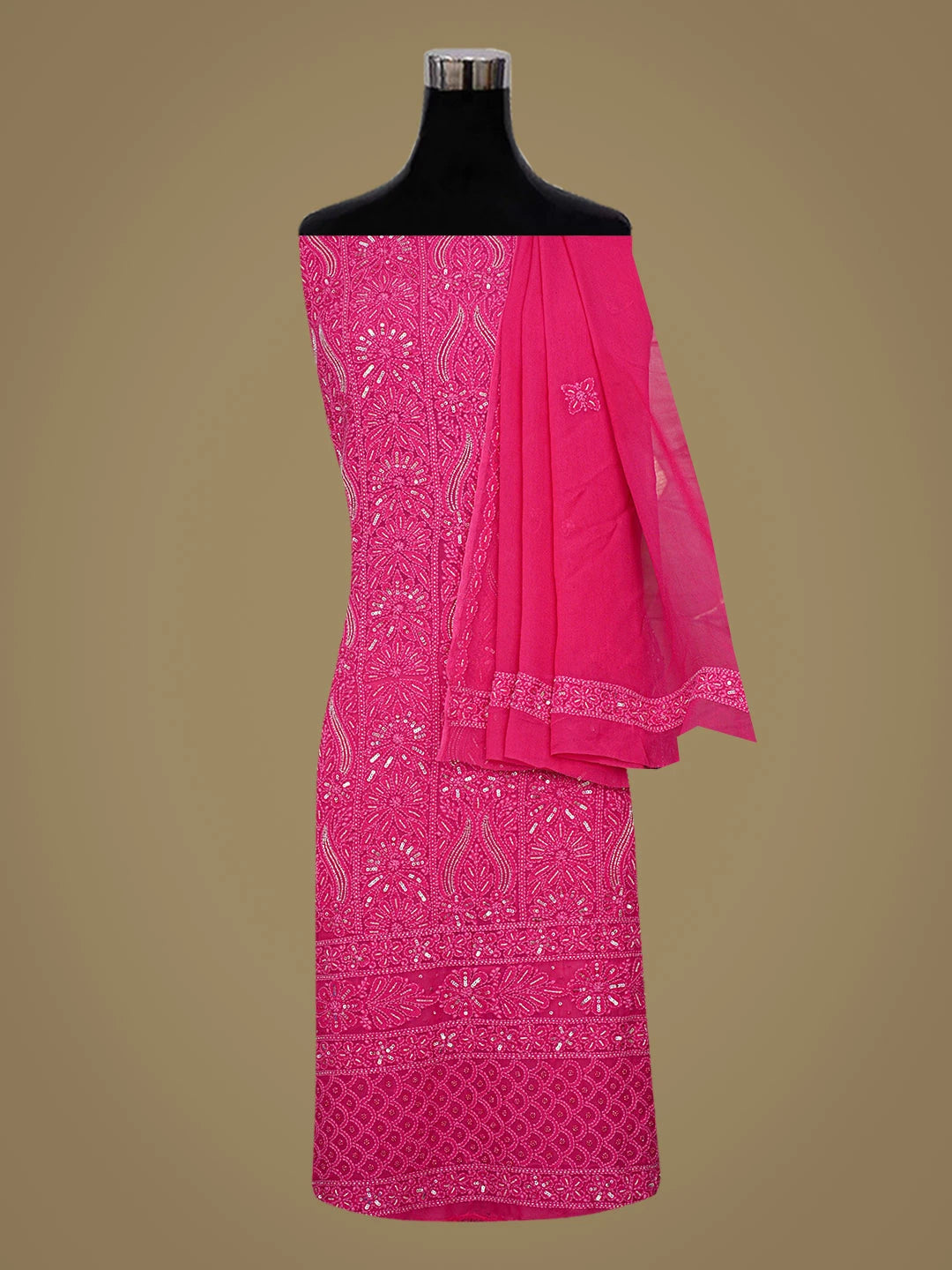 Ada Hand Embroidered Magenta Viscose Georgette Lucknowi Chikankari Unstitched Kurta Dupatta Set With Cutdana Work 01A782280