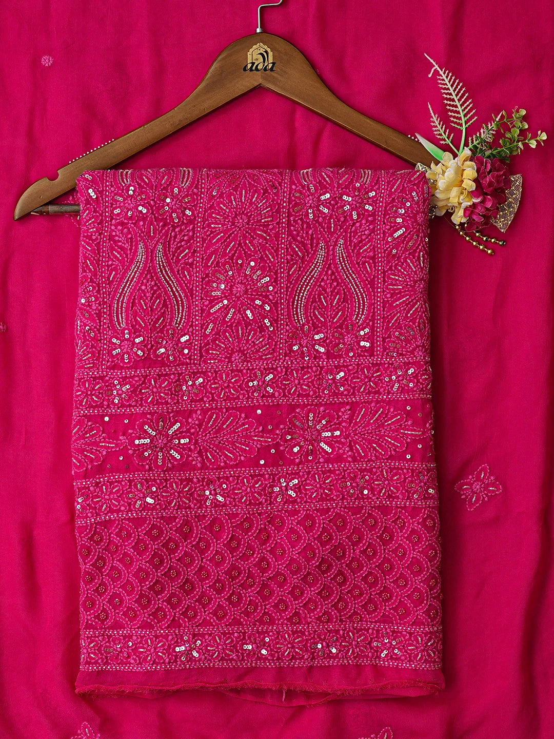Ada Hand Embroidered Magenta Viscose Georgette Lucknowi Chikankari Unstitched Kurta Dupatta Set With Cutdana Work 01A782280